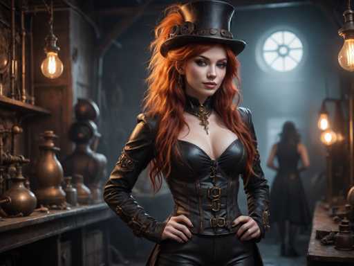 A woman with red hair and a black top is standing in front of a window, wearing a corset and leather outfit that includes boots. The background features various objects such as vases and lamps, suggesting an indoor setting like a workshop or a store selling antique items.