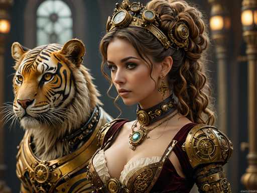 The image shows a woman wearing a gold and black costume with a large headdress and a tiger standing next to her on the left side of the frame.