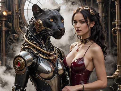 The image depicts a woman wearing a red dress and a gold-plated bodysuit with a black cat mask on her face, standing next to a robot with a golden arm and head. The background is filled with smoke and steam from a machine or factory setting.