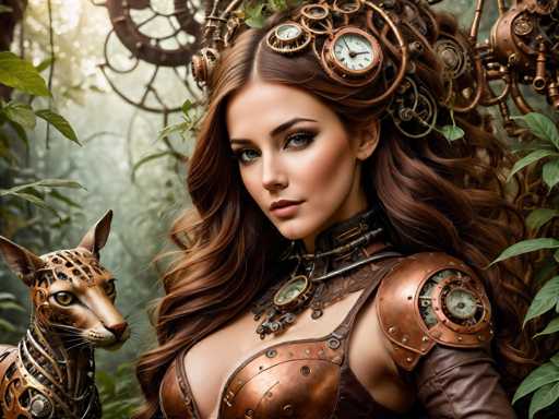 The image shows a woman with long brown hair wearing a steampunk-inspired outfit that includes a corset and a headpiece adorned with gears and other mechanical elements. The woman is standing in front of a cat statue, which adds to the overall steampunk aesthetic of the scene.