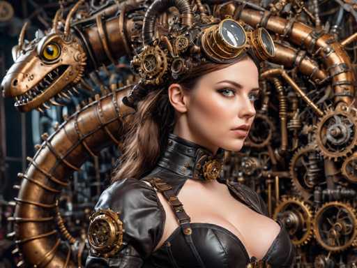 A woman is standing in front of a large machine with gears and pipes that appear to be made of metal. She is wearing a steampunk-style outfit consisting of a corset, a headpiece, and boots. The background features a dark color scheme with gold accents, creating an industrial atmosphere.