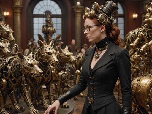 The image shows a woman wearing a black dress and a gold helmet with goggles on her head, standing next to a table filled with golden mechanical animals. The scene appears to be set within an ornate room with columns and arches in the background.