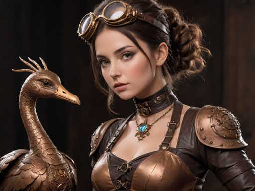 A woman wearing a steampunk-inspired outfit stands against a dark background with a large bird statue on her left side and a smaller bird statue on her right side.