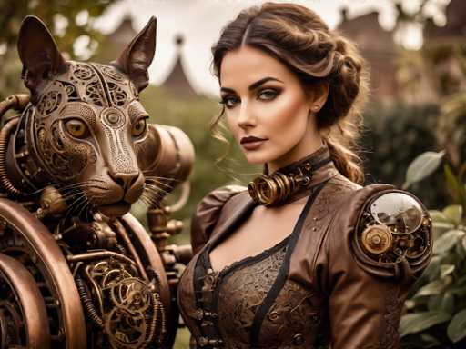 A woman wearing a brown leather outfit with a cat mask and a steampunk-inspired dress stands next to a large machine that has gears and pipes on it.