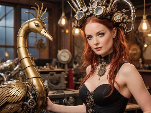 A woman with red hair and a black dress stands next to a large gold bird statue wearing a headdress that includes goggles and a necklace made of gears and other mechanical parts. The setting appears to be an industrial or workshop environment, as evidenced by the presence of various machines and tools in the background.