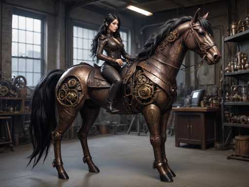 A woman dressed in black is sitting on a horse made entirely out of gears and cogs. The horse has a brown color with gold accents that give it an industrial appearance. The woman appears to be the rider, holding onto the reins as she sits atop the mechanical creature.