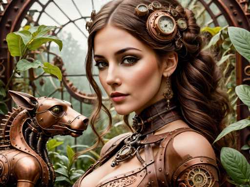 A woman with long brown hair and a steampunk-inspired outfit is the main subject of this image. She has her back turned towards the camera, giving us a view of her face and upper body. The background features a lush garden filled with various plants and trees, creating an impression of being in a natural setting.
