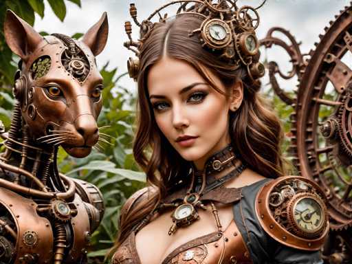 The image shows two women dressed in elaborate costumes made from metal and leather. The woman on the left is wearing a large headdress with intricate designs and a necklace of similar metallic materials. She has long brown hair that falls over her shoulders. On the right side of the frame, there's another woman who appears to be wearing a suit made entirely out of gears and cogs. Both women are standing in front of a clock, which is prominently displayed on the background.