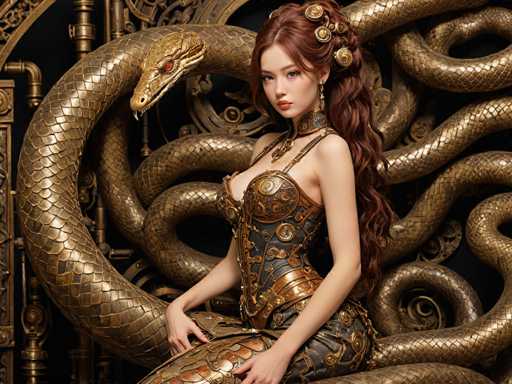 A woman with long red hair is seated on a golden snake-like structure, wearing a dress made of gold and silver that features intricate designs. The background is black, providing a stark contrast to the woman's attire.