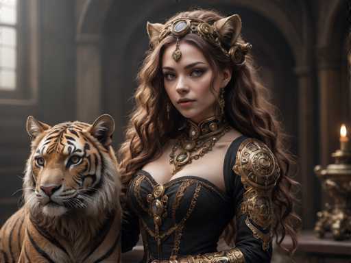 A woman with long brown hair and a gold headdress stands next to a tiger statue wearing a golden outfit.