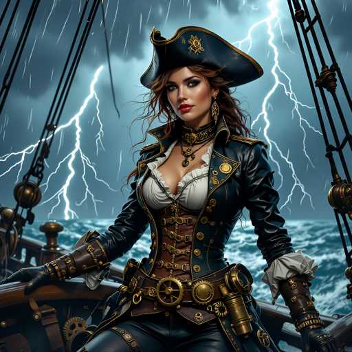 A woman dressed as a pirate stands on a ship's deck during a stormy night. She wears a black hat and a gold necklace with a large pendant, and her outfit includes a brown leather jacket and pants. The ship is equipped with sails and rigging, indicating it is in rough seas.