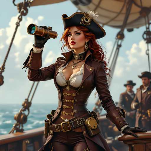 A woman dressed as a pirate stands on a ship deck holding a telescope and wearing a brown leather outfit with gold accents.
