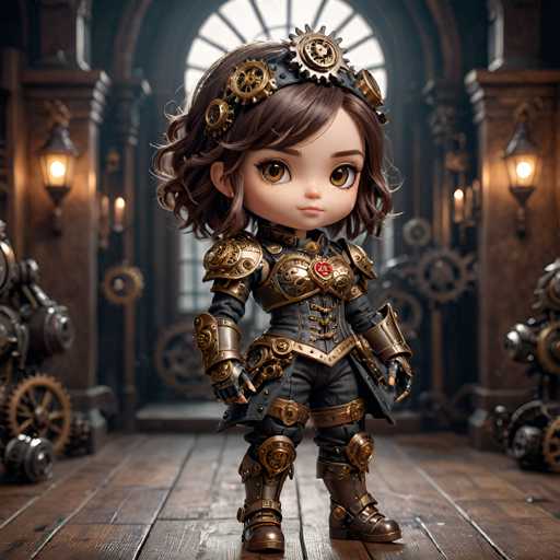 A small figurine of a girl is standing on a wooden floor with her back facing the camera and wearing a helmet adorned with gears and cogs. The girl has brown hair styled in loose curls and is dressed in a black outfit that includes a helmet and armor.