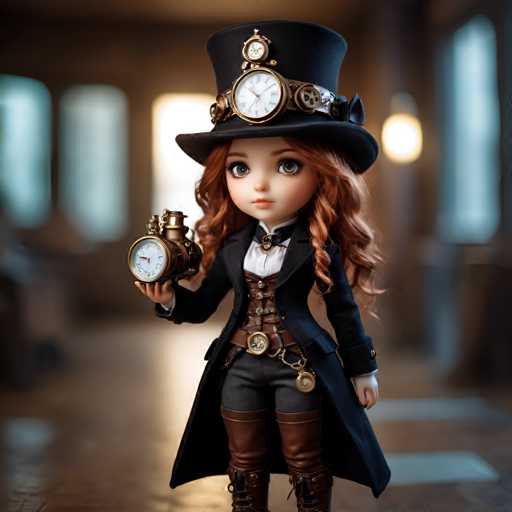 A doll with red hair and a black top hat is standing on a wooden floor, holding a clock in her right hand. She is dressed in a long coat and boots, giving the impression of a steampunk-inspired outfit. The doll's face features a pair of large eyes and a small nose, adding to her character as a steampunk-themed figure.