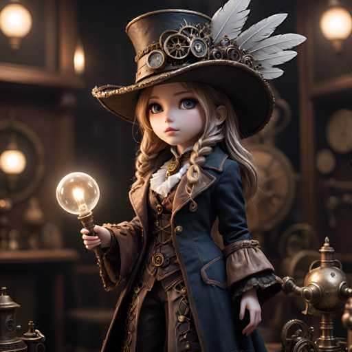 A young girl with blonde hair is standing in a room filled with various clocks and other objects, wearing a black top hat and a long coat that appears to be made of metal or leather. She holds a light bulb in her hand.
