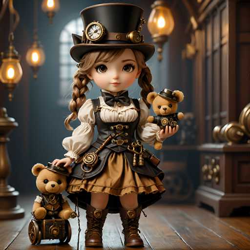 A charming doll girl is standing on a wooden floor with two teddy bears by her side. The doll has a top hat and a white dress adorned with gold buttons, giving her an air of elegance and sophistication. She holds the teddy bears in her arms, creating a heartwarming scene.