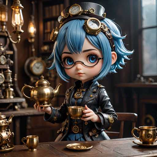 A miniature doll with blue hair and a black outfit is seated at a table holding a teapot filled with tea. The doll's face features a serious expression as she holds the teapot in her hands. The background includes a bookshelf filled with various items, suggesting an intellectual or academic setting.