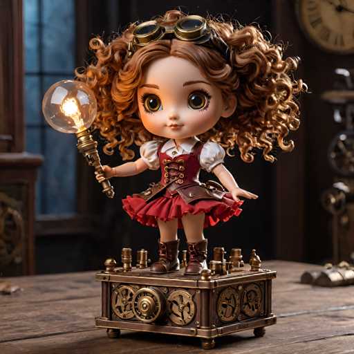 A charming doll with curly hair and a red dress stands on a golden platform adorned with intricate gold gears and cogs. The doll is holding a light bulb above her head, suggesting she might be a creator or an inventor.