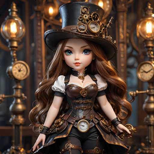 A doll with long brown hair and a black top hat is standing in front of a clock tower. The doll has a white dress and gold accessories, including a necklace and earrings. The doll's face features blue eyes and a red nose.