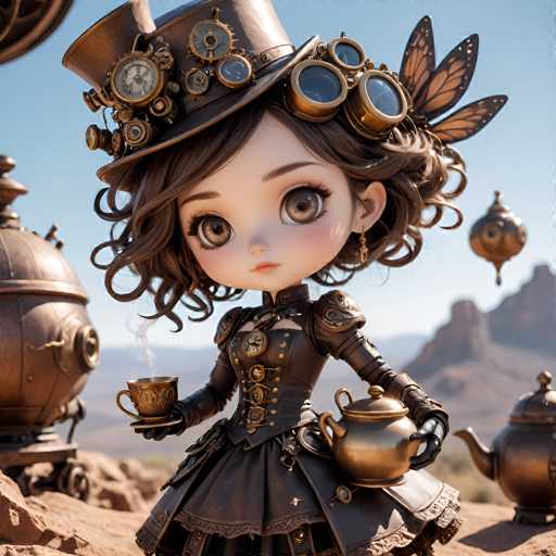 A young girl with brown hair and a black dress stands on a rocky outcropping, holding a teapot and wearing a hat adorned with gears and wings. The background features a desert landscape with mountains in the distance under a clear blue sky.