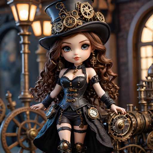 A doll with long brown hair and a black top hat is standing on a street corner next to a clock tower. The doll has a gold-colored outfit that includes a corset and boots, and she is holding a clock in her hand.