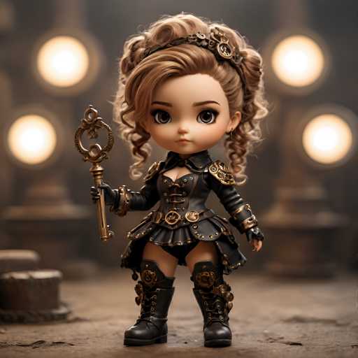 A small figurine of a girl with blonde hair and brown eyes is dressed in a black outfit that includes boots and a helmet, holding a key in her right hand. The background features a dark room with multiple spotlights on the walls, creating an atmosphere reminiscent of a steampunk setting or a futuristic world.