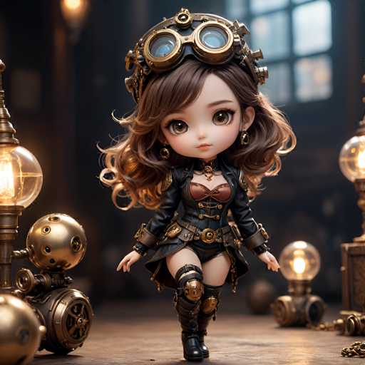 A doll with long brown hair and a black outfit is standing on a wooden floor next to a lamp that has gold balls around it. The doll is wearing a helmet and goggles, giving her an appearance of a steampunk character.