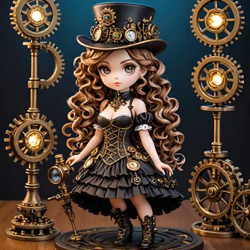 A figurine of a woman with long brown hair and a black top hat is posed on a wooden table surrounded by gold gears and cogs.
