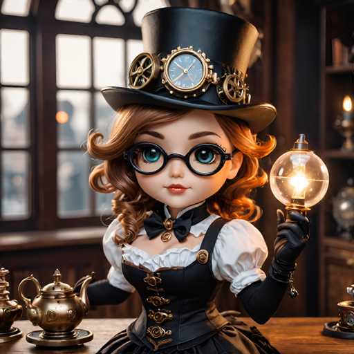 A 3D rendering of a cartoon girl with red hair and glasses wearing a black top hat holding a light bulb and surrounded by various objects including a teapot on a table.