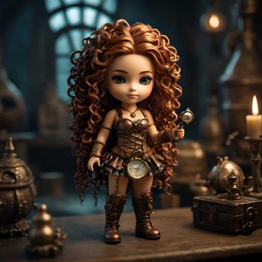 A doll with long red hair and a gold outfit stands on a wooden table surrounded by various objects including a candle, clock, vase, and other dolls.