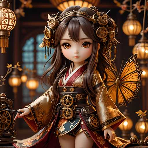 The image shows a doll with long brown hair wearing a traditional Chinese dress and gold accessories such as a headdress and a butterfly-shaped brooch on her shoulder. The doll is standing in front of a window adorned with lanterns that cast a warm glow over the scene.