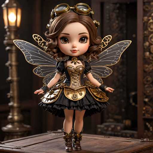 A doll with brown hair and a black dress is standing on a wooden table against a dark background. The doll has a pair of goggles on her head and is wearing a gold outfit that includes a corset and boots.