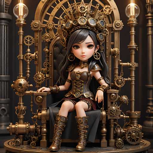 A figurine of a girl with long dark hair and a crown sits on a golden throne, wearing a corset and boots. The background is black, with gold gears and pipes surrounding the girl.
