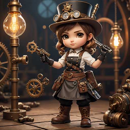 A cartoon girl dressed as a steampunk character stands on a wooden floor with a clock and gears around her feet. She is wearing a hat, gloves, boots, and carrying a gun in one hand while holding a key in the other.