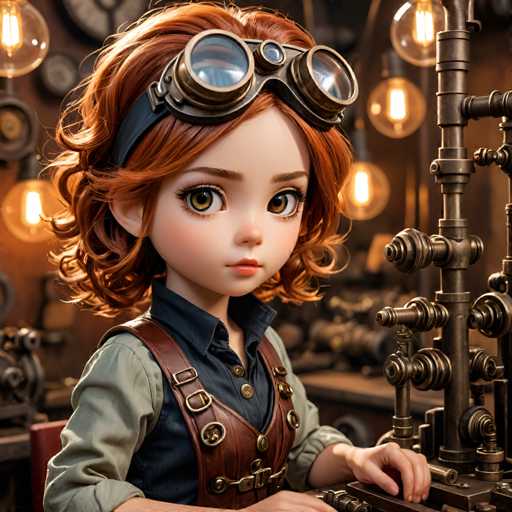 A cartoon girl with red hair and glasses is wearing a blue shirt and brown leather vest, standing next to a large metal contraption that has gears and pipes on it.