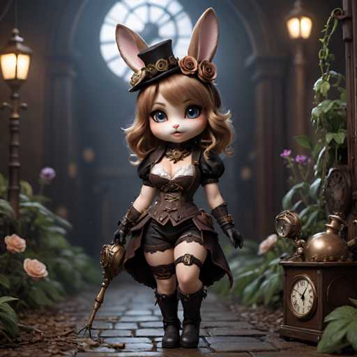 A small cartoon rabbit dressed as a steampunk character with a top hat and corset is walking on a brick path surrounded by flowers and plants.