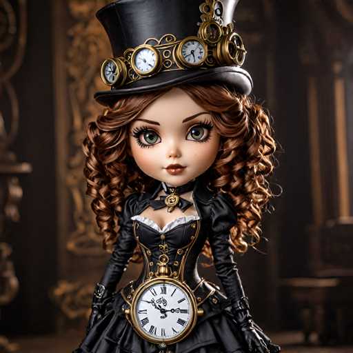 A doll with long brown hair and a black top hat is standing against a dark background. The doll has a clock on her dress and is wearing gloves.