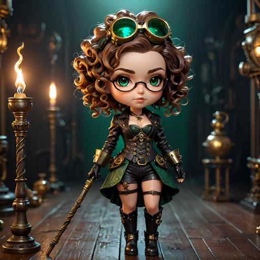 A 3D rendering of a cartoon girl with curly hair and glasses standing on a wooden floor next to a candle and a golden candlestick holder.