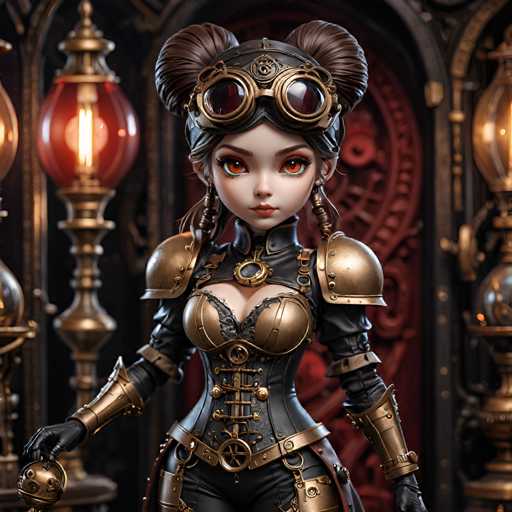 A woman dressed as a steampunk character stands in front of a red lantern and a black metal door with gold accents, wearing a corseted outfit that includes a helmet and goggles.