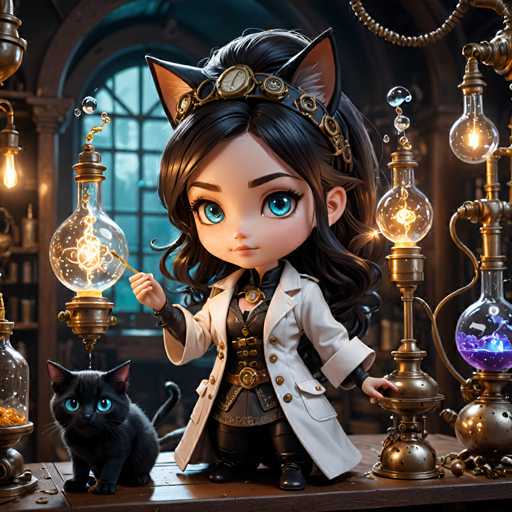 The image depicts a whimsical scene set in a room with a large window that allows natural light to filter in and illuminate the space. The room is filled with various objects, including a clock on the wall, a lamp, and a cat sitting on a table next to a person dressed in a white coat and black boots who appears to be holding a crystal ball.