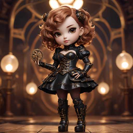 A doll with red hair and a black dress is standing on a wooden floor against a dark background that includes a large window and two lamps. The doll has a round headdress adorned with a crescent moon and stars, and she holds a small clock in her right hand.