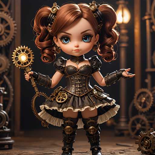 A 3D rendering of a doll with red hair and brown eyes dressed in black clothing featuring gold accents and holding a golden staff.