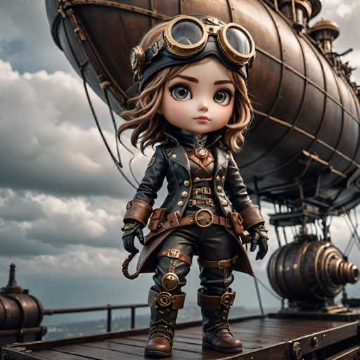 A small figurine of a girl wearing a steampunk outfit and goggles stands on a wooden platform with a large metal structure behind her.