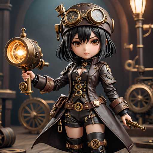 A 3D rendering of a young girl dressed as a steampunk character with a black outfit and gold accessories such as a helmet, goggles, and gloves. She is holding a golden lantern in her right hand and has a gun in her left hand. The background features a dark room with various machinery and equipment scattered around the space.
