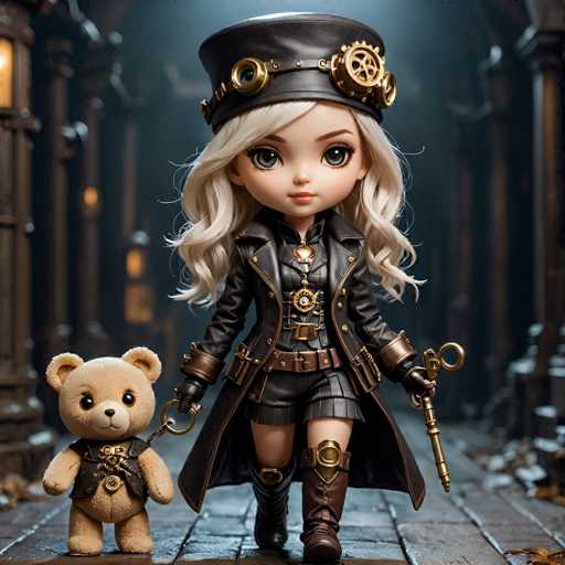 A blonde-haired doll is walking down a cobblestone street with a brown teddy bear on her shoulder and wearing a black leather outfit complete with a hat and boots.