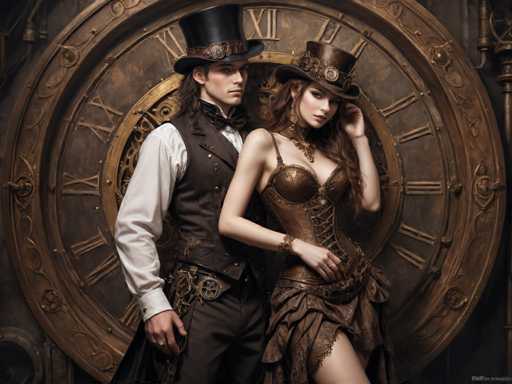 The image shows two individuals dressed in period costumes standing next to a large clock with gold and black Roman numerals. The person on the left is wearing a top hat and coat, while the individual on the right has a corset and a headdress. They are positioned against a brown background that includes a pipe and a window.