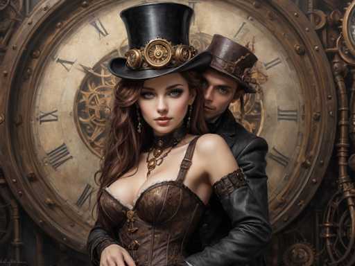 A woman with long brown hair and a corset is standing next to a man wearing a top hat and a suit. They are both facing the camera. The background features an old-fashioned clock with gold hands and numbers.