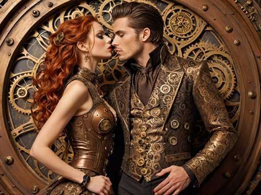 A man and woman dressed in period costumes stand close together against a backdrop featuring intricate gold gears and cogs. The man wears a brown suit with gold buttons and a black tie, while the woman is adorned in a red dress with gold accents.