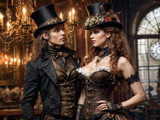 The image depicts two individuals dressed in period costumes with top hats and corsets, standing side by side against a backdrop of ornate chandeliers and a large window. The man is wearing a black suit and top hat, while the woman is adorned in a brown dress and matching top hat.