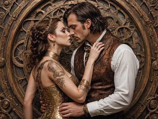 A man and woman dressed in medieval clothing stand close together against a backdrop featuring intricate gold gears and cogs. The man wears a brown vest with a white collar and tie, while the woman is adorned in a gold dress with a crown on her head. They are positioned in front of a large circular window that serves as their stage for this intimate moment.